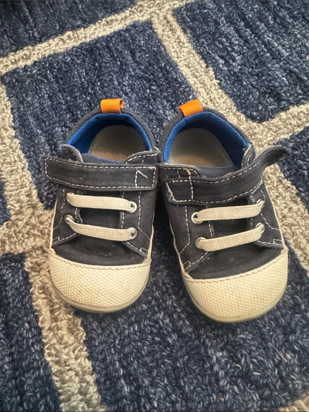 See Kai Run Navy and Beige Toddler Canvas Sneakers with Orange Pull Tabs